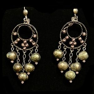 Green and Pink Drop Pierced Earrings, Silver Setting, Great Condition
